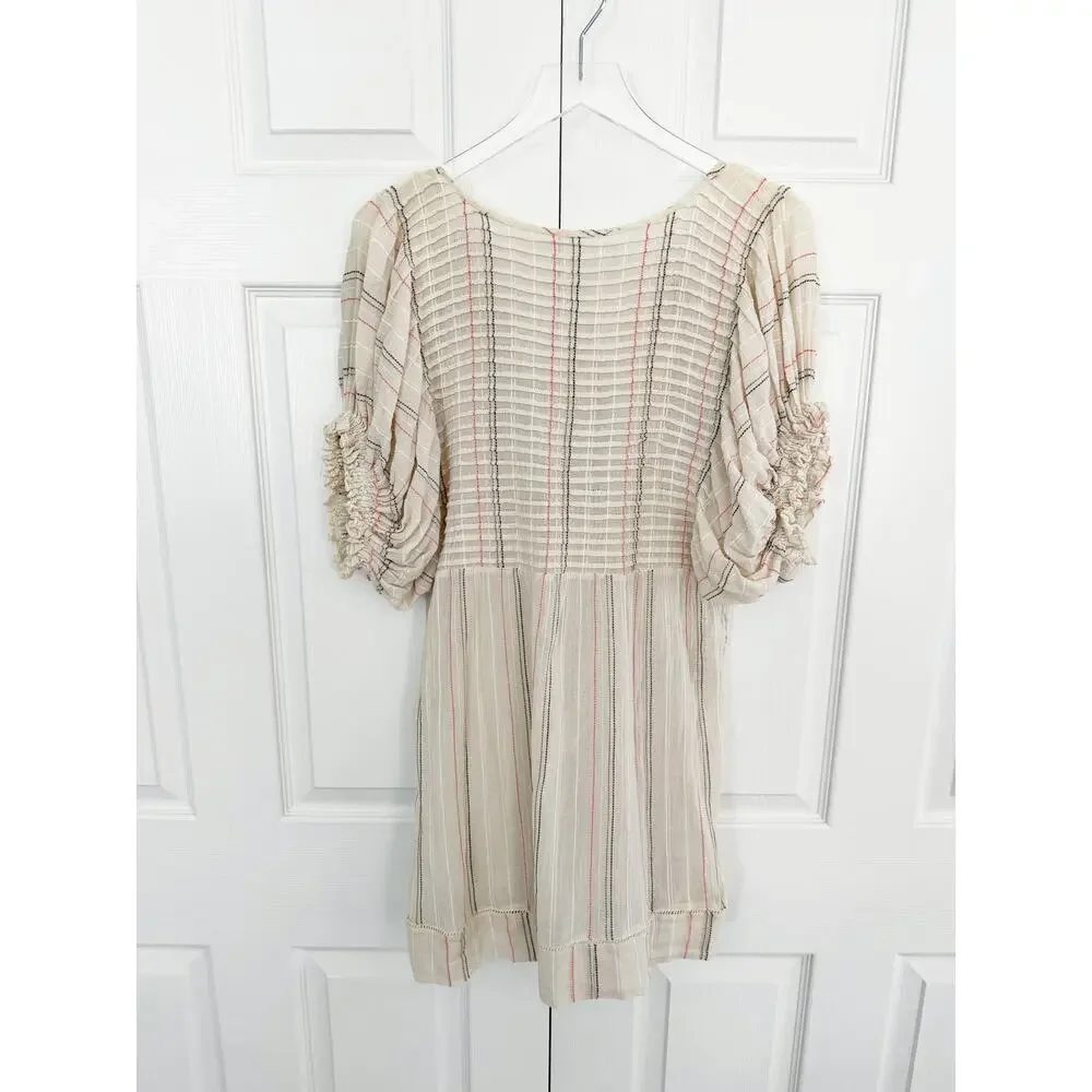 Free People Elsie Textured Gauze Tunic Mini Babydoll Dress Ivory Puff Sleeve